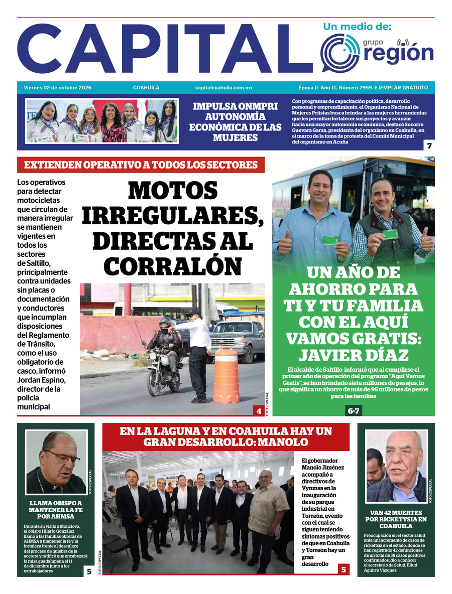 Portada de Capital Coahuila del viernes, 2 de octubre de 2026